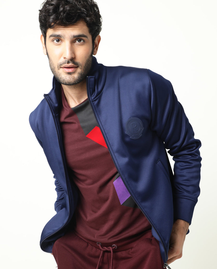 Rare Rabbit Men's Bond Dark Blue Polyester Plain Regular Fit Full Sleeve High Neck Jacket