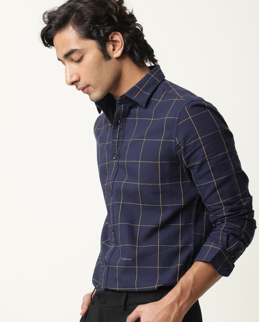 Rare Rabbit Men's Corneto Navy Cotton Checked Print Regular Fit Full Sleeve Collared Shirt