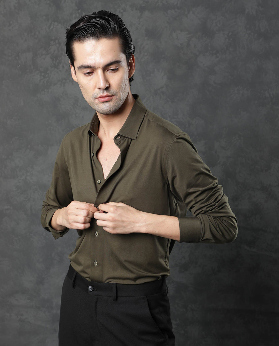 Rare Rabbit Men's Zac Olive Rayon Plain Tailored Fit Full Sleeve Collared Shirt