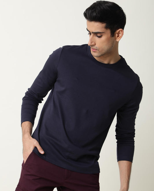 Rare Rabbit Men's Full Navy Cotton Plain Slim Fit Half Sleeve Crew Neck T-Shirt