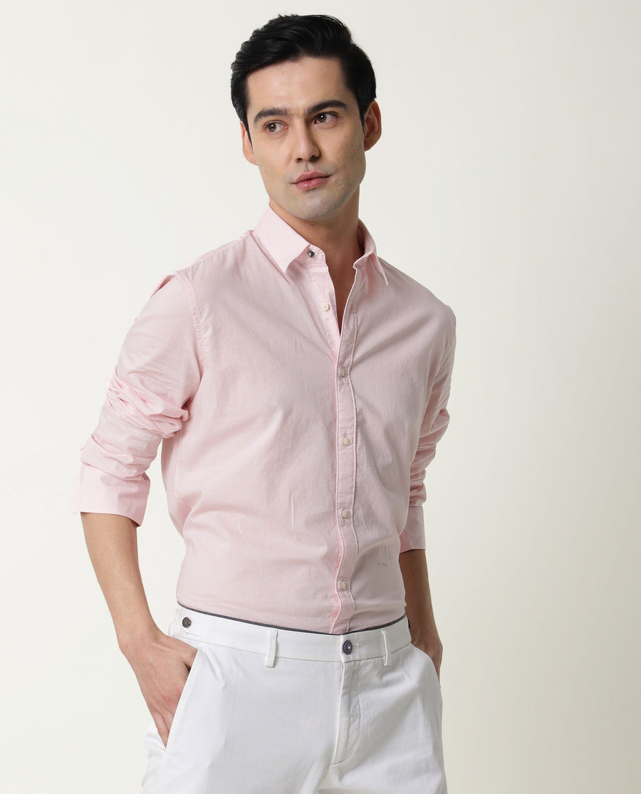 Rare Rabbit Men's Fullslee Pink Cotton Plain Tailored Fit Full Sleeve Collared Shirt