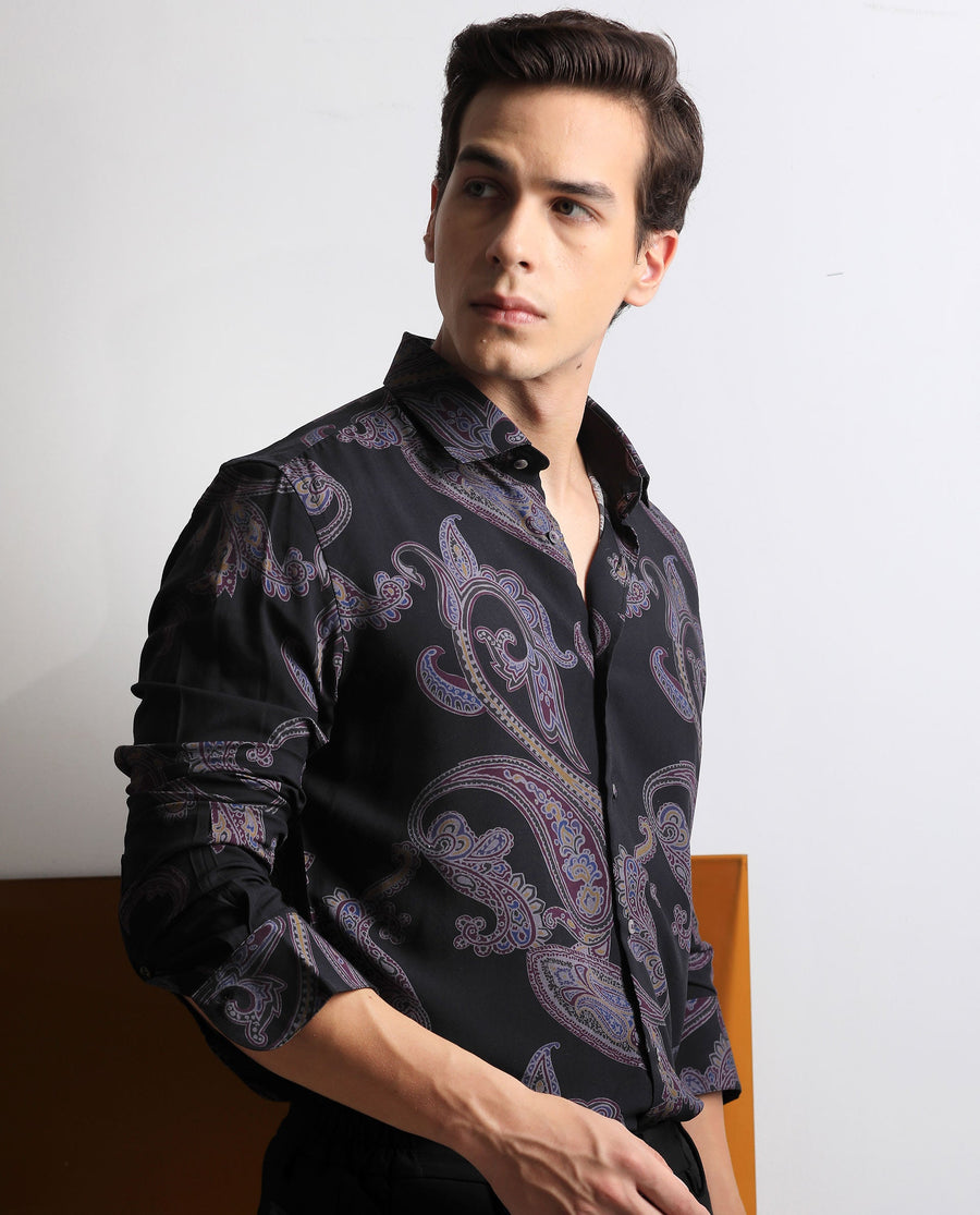 Rare Rabbit Men's Zeus Black Viscose Paisley Print Regular Fit Full Sleeve Collared Shirt