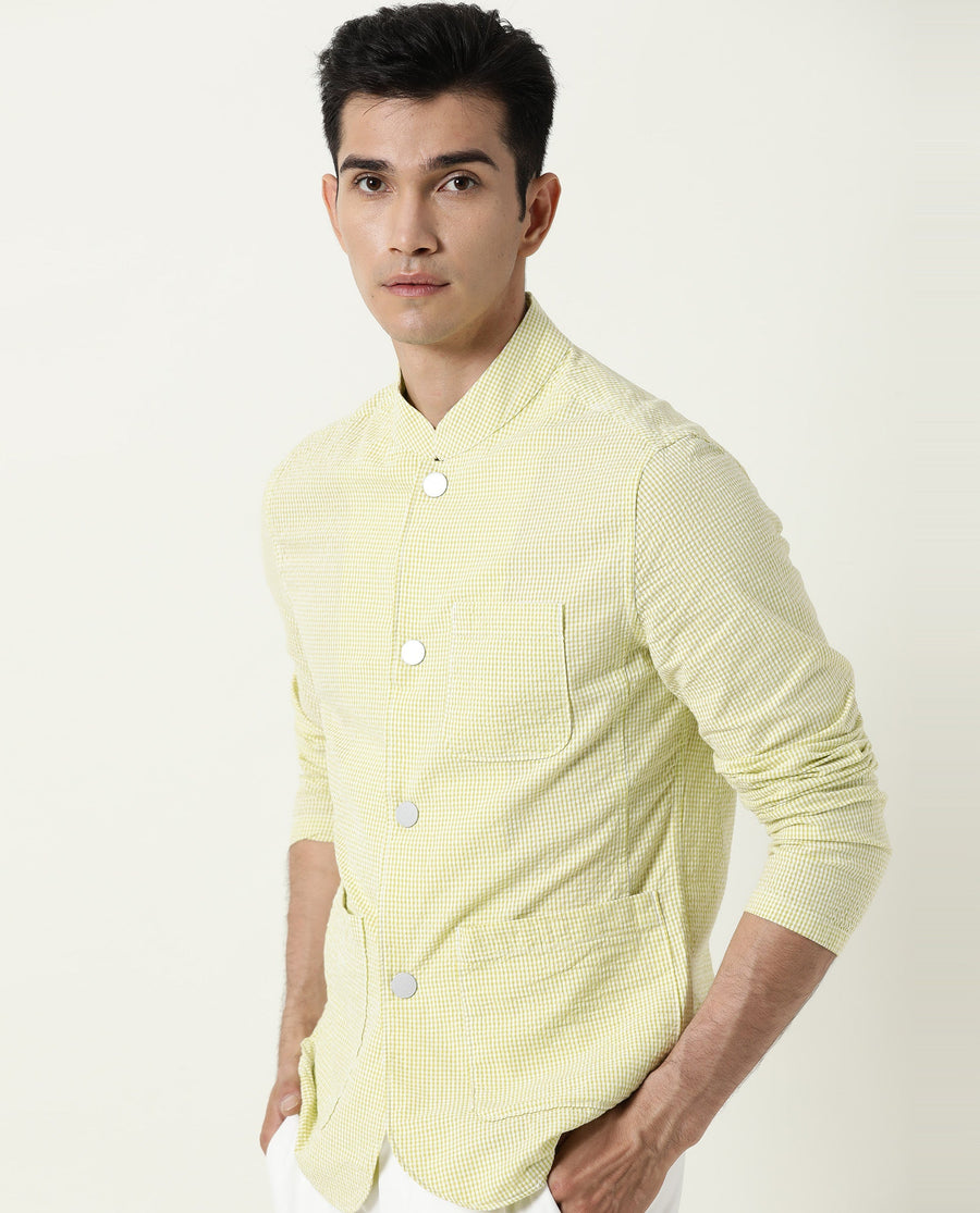 Rare Rabbit Men's Gin Olive Cotton Checked Print Regular Fit Full Sleeve Mandarin Collar Jacket