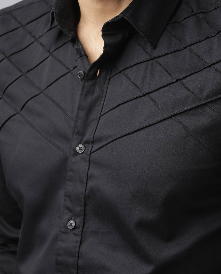 Rare Rabbit Men's Hero Black Cotton Textured Regular Fit Full Sleeve Collared Shirt
