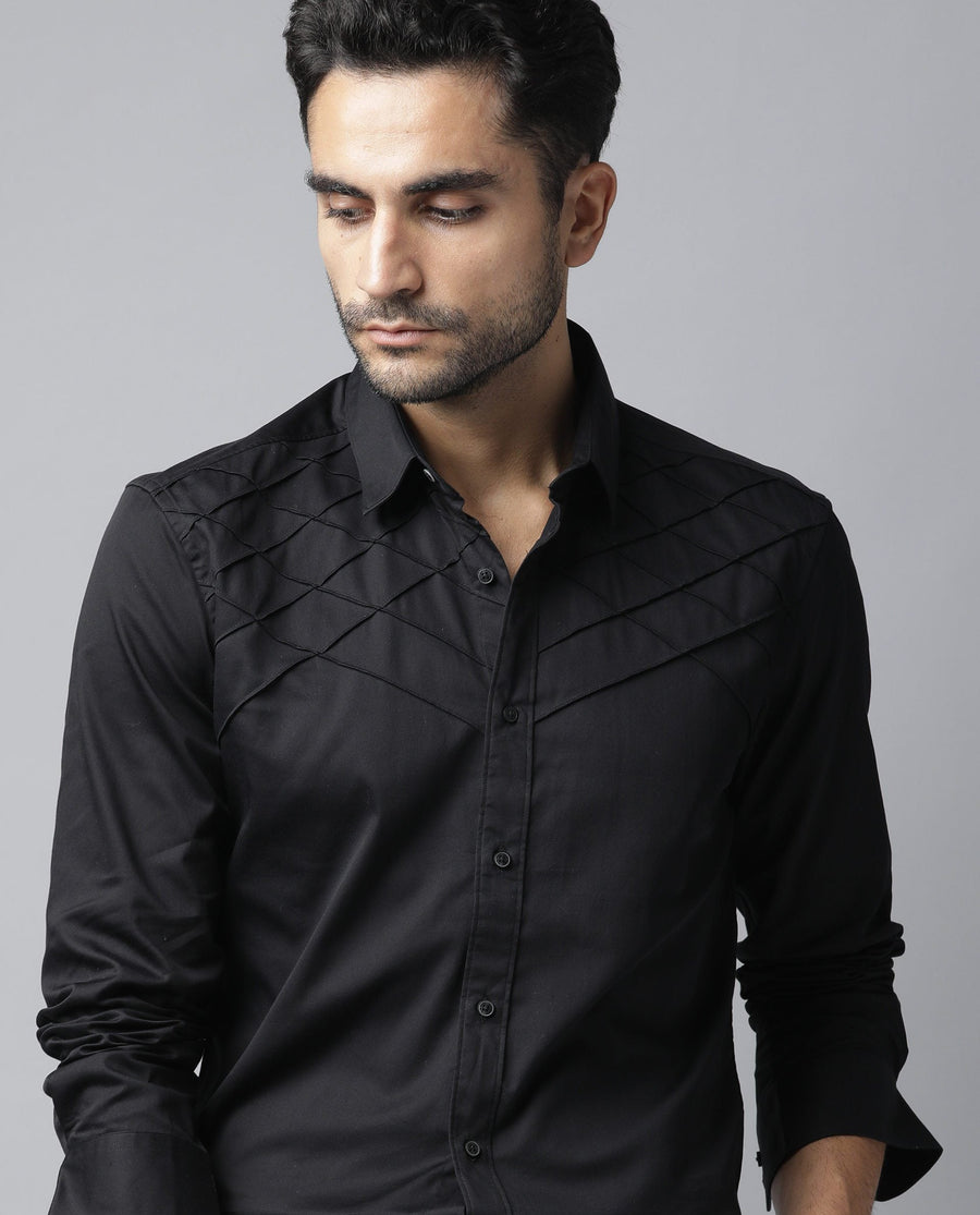 Rare Rabbit Men's Hero Black Cotton Textured Regular Fit Full Sleeve Collared Shirt