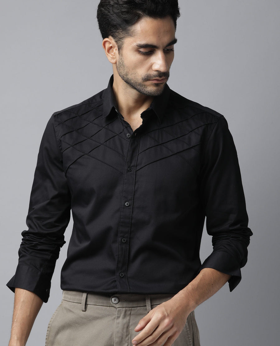 Rare Rabbit Men's Hero Black Cotton Textured Regular Fit Full Sleeve Collared Shirt