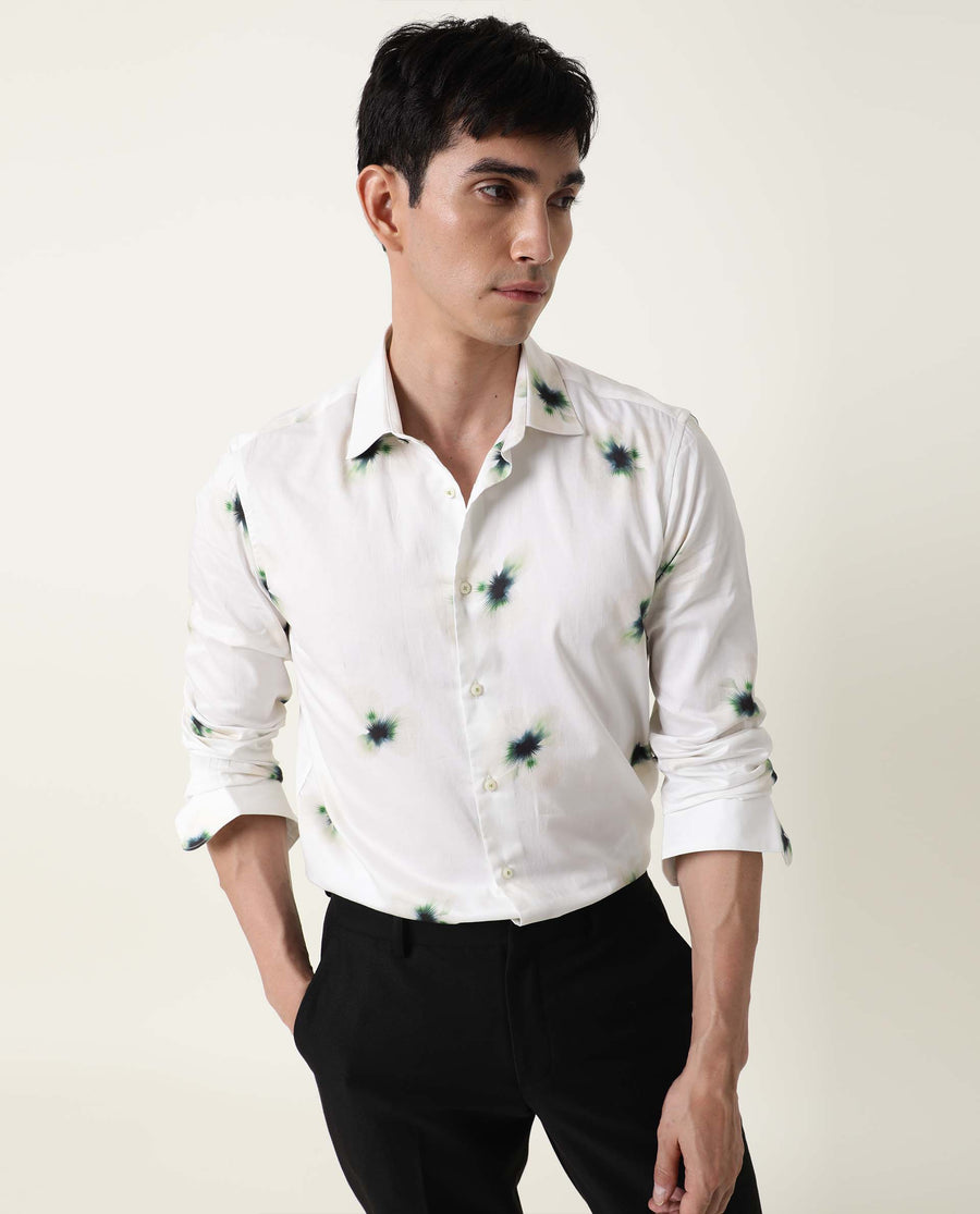 Rare Rabbit Men's Laccoss Off White Cotton Floral Print Regular Fit Full Sleeve Collared Shirt