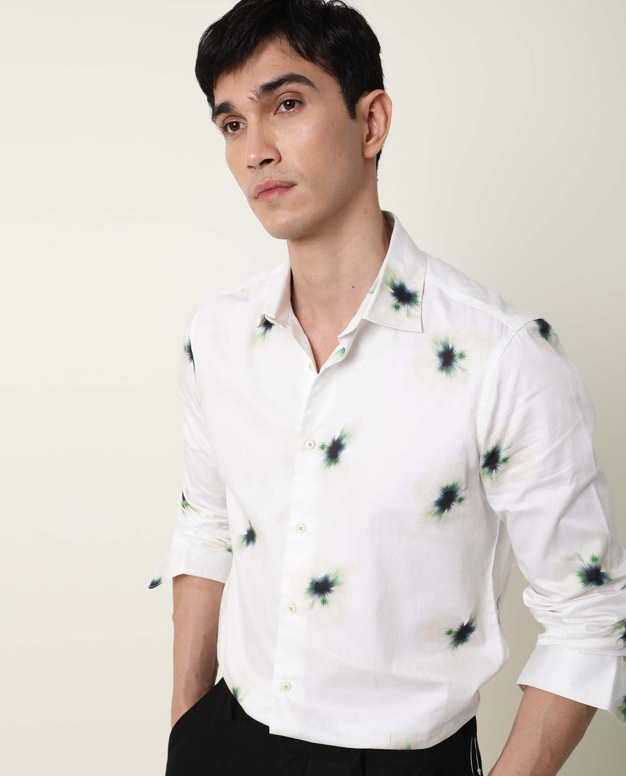 Rare Rabbit Men's Laccoss Off White Cotton Floral Print Regular Fit Full Sleeve Collared Shirt