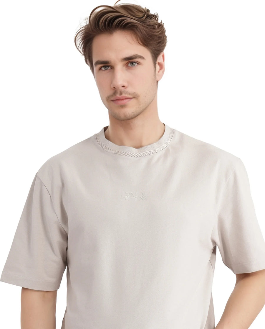 Rare Rabbit Men's Heros-2 Beige Cotton Plain Oversized Fit Half Sleeve Crew Neck T-Shirt