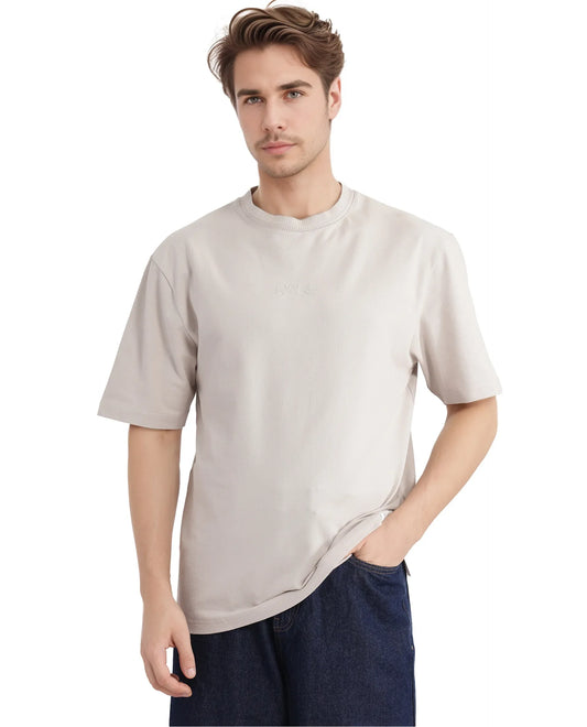 Rare Rabbit Men's Heros-2 Beige Cotton Plain Oversized Fit Half Sleeve Crew Neck T-Shirt