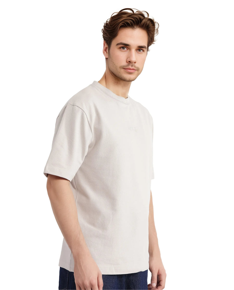 Rare Rabbit Men's Heros-2 Beige Cotton Plain Oversized Fit Half Sleeve Crew Neck T-Shirt