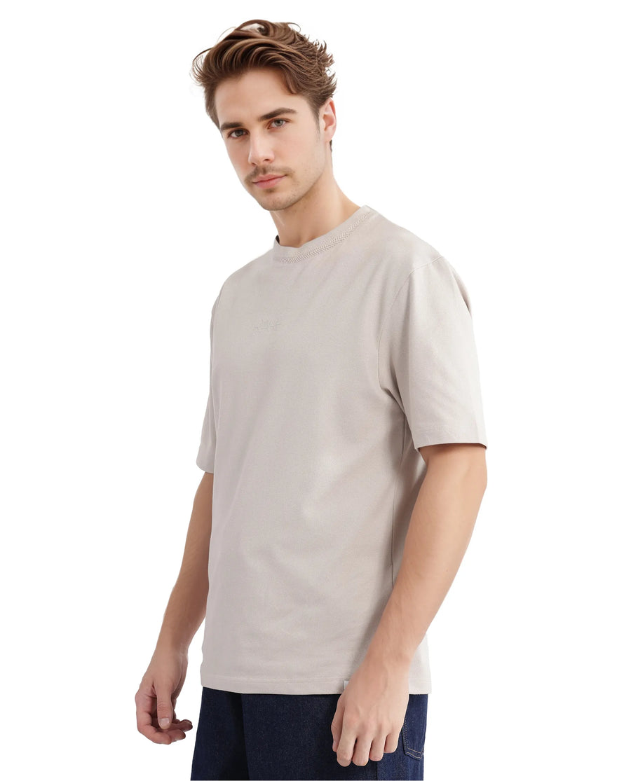 Rare Rabbit Men's Heros-2 Beige Cotton Plain Oversized Fit Half Sleeve Crew Neck T-Shirt