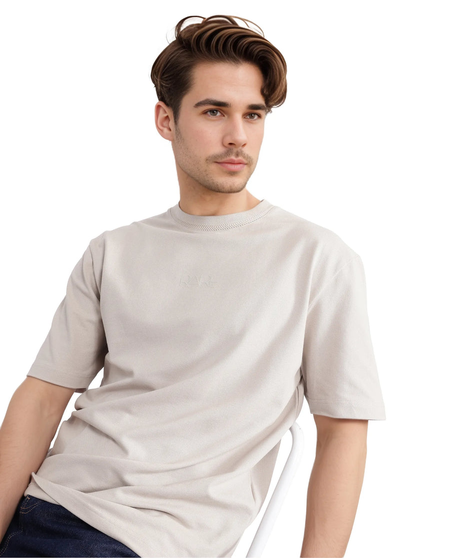 Rare Rabbit Men's Heros-2 Beige Cotton Plain Oversized Fit Half Sleeve Crew Neck T-Shirt