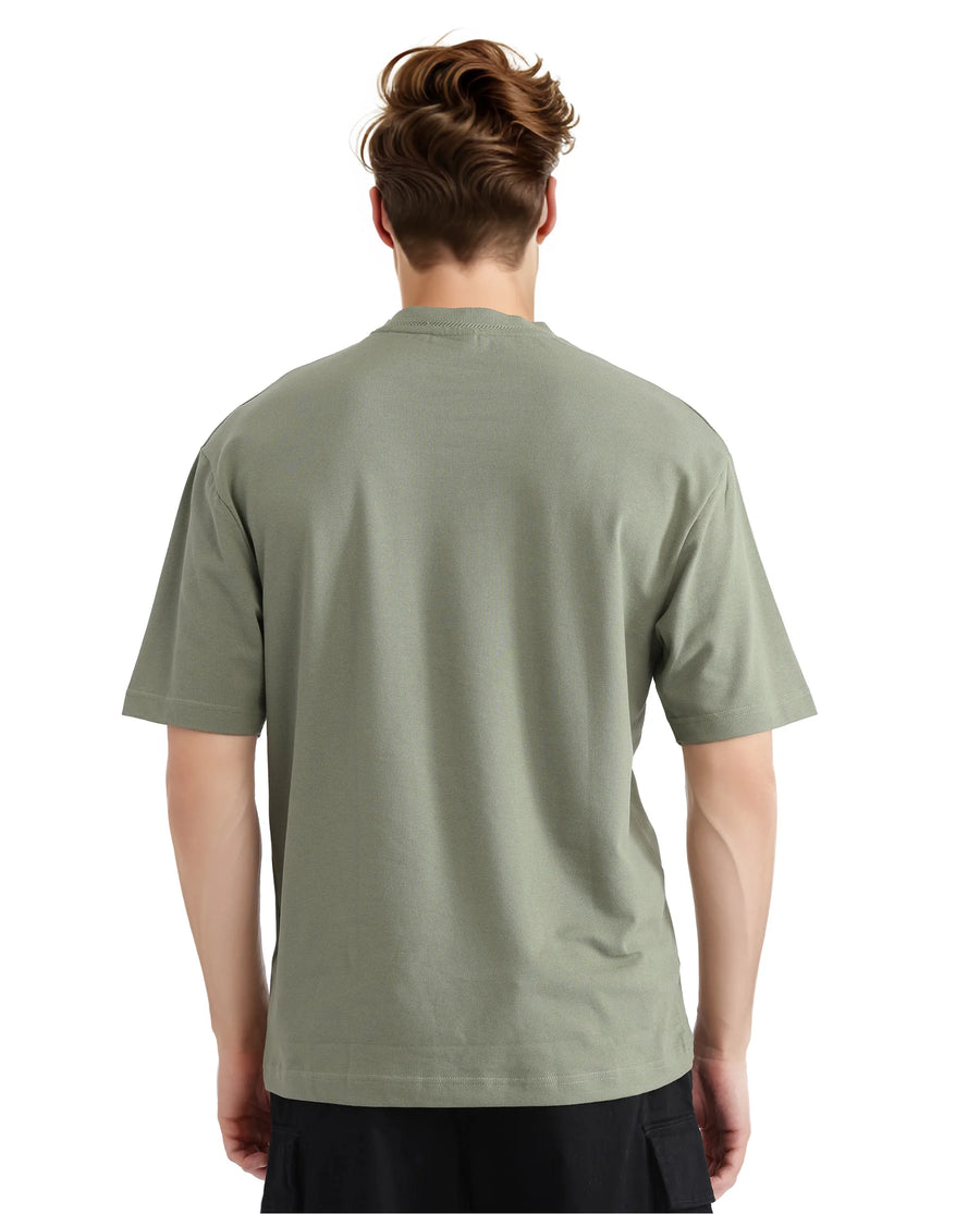 Rare Rabbit Men's Heros-2 Dusky Green Cotton Plain Oversized Fit Half Sleeve Crew Neck T-Shirt