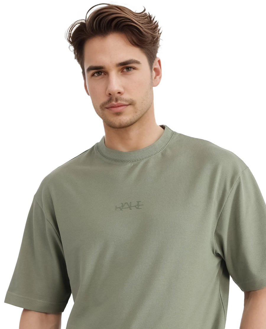 Rare Rabbit Men's Heros-2 Dusky Green Cotton Plain Oversized Fit Half Sleeve Crew Neck T-Shirt
