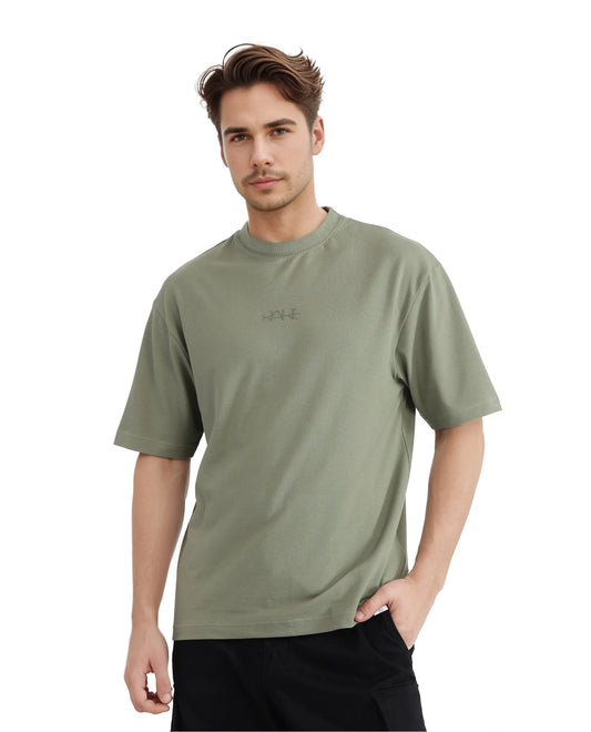 Rare Rabbit Men's Heros-2 Dusky Green Cotton Plain Oversized Fit Half Sleeve Crew Neck T-Shirt