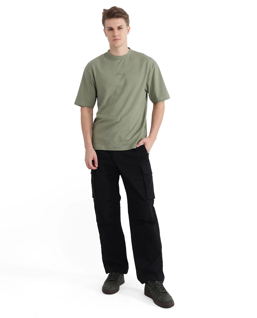 Rare Rabbit Men's Heros-2 Dusky Green Cotton Plain Oversized Fit Half Sleeve Crew Neck T-Shirt