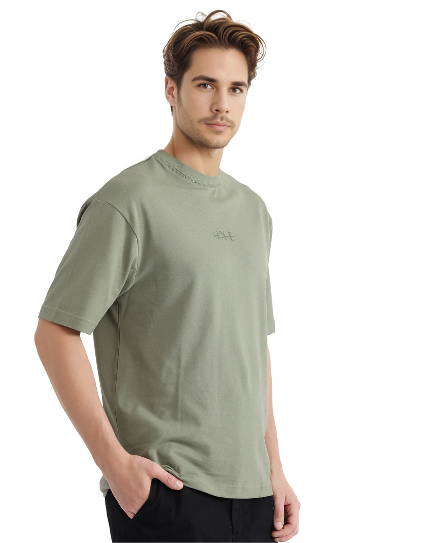 Rare Rabbit Men's Heros-2 Dusky Green Cotton Plain Oversized Fit Half Sleeve Crew Neck T-Shirt