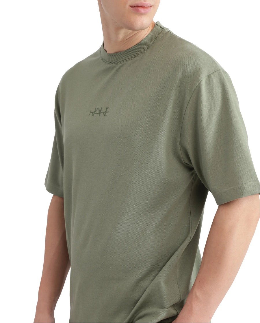 Rare Rabbit Men's Heros-2 Dusky Green Cotton Plain Oversized Fit Half Sleeve Crew Neck T-Shirt