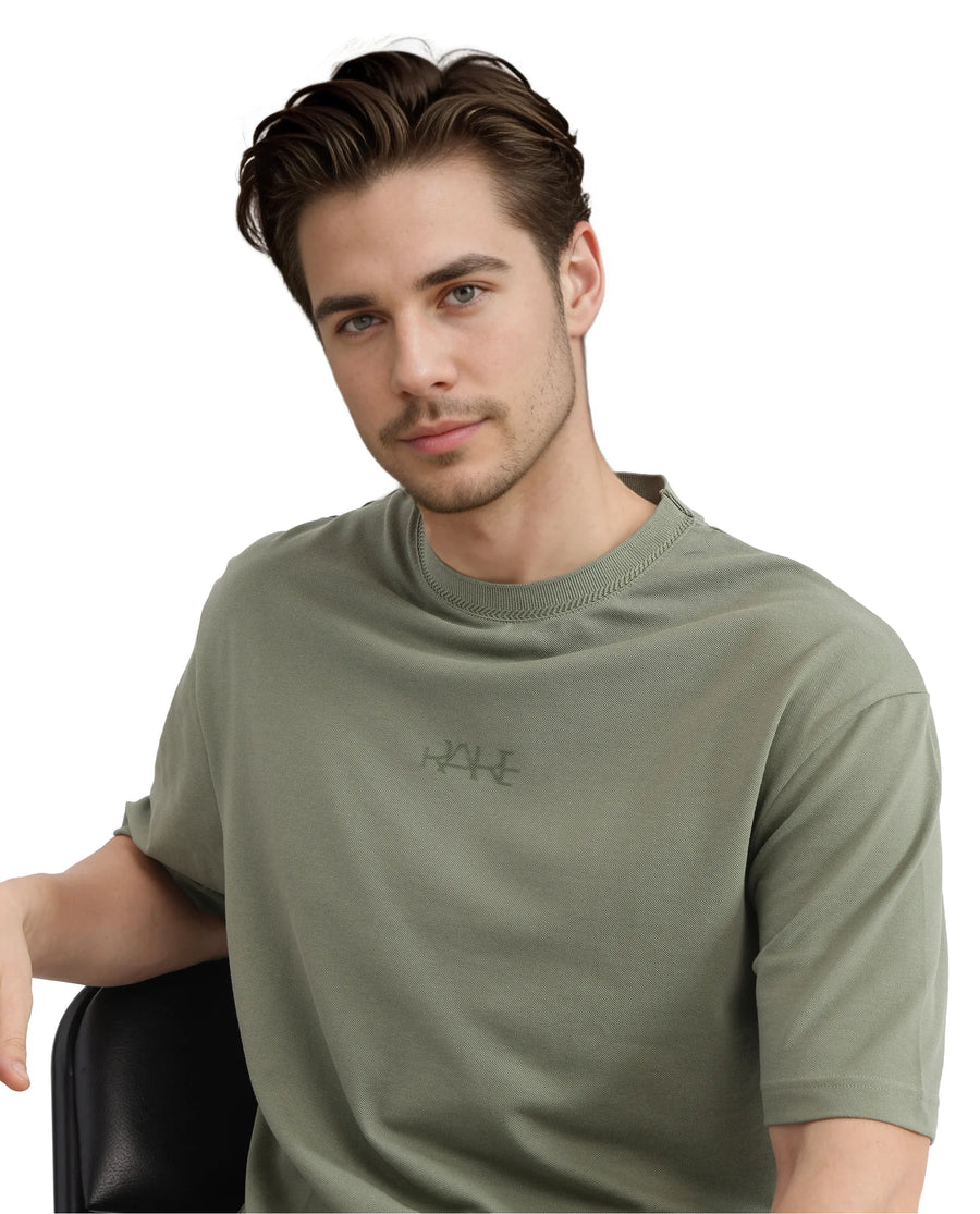Rare Rabbit Men's Heros-2 Dusky Green Cotton Plain Oversized Fit Half Sleeve Crew Neck T-Shirt