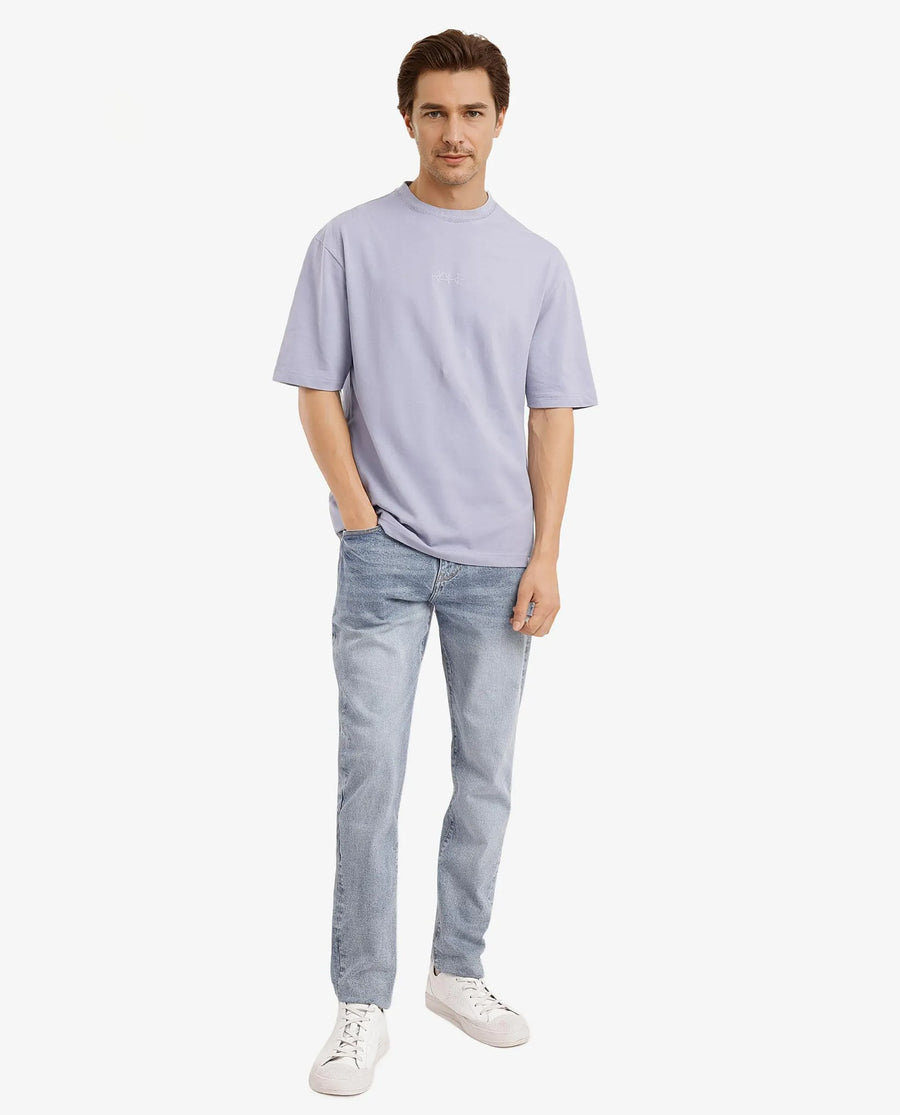 Rare Rabbit Men's Heros-1 Light Purple Cotton Plain Oversized Fit Half Sleeve Crew Neck T-Shirt