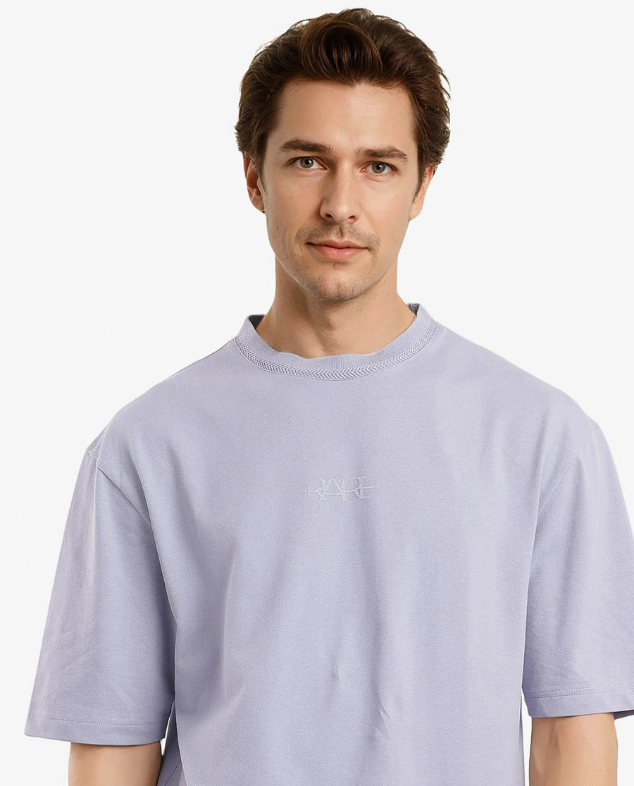 Rare Rabbit Men's Heros-1 Light Purple Cotton Plain Oversized Fit Half Sleeve Crew Neck T-Shirt