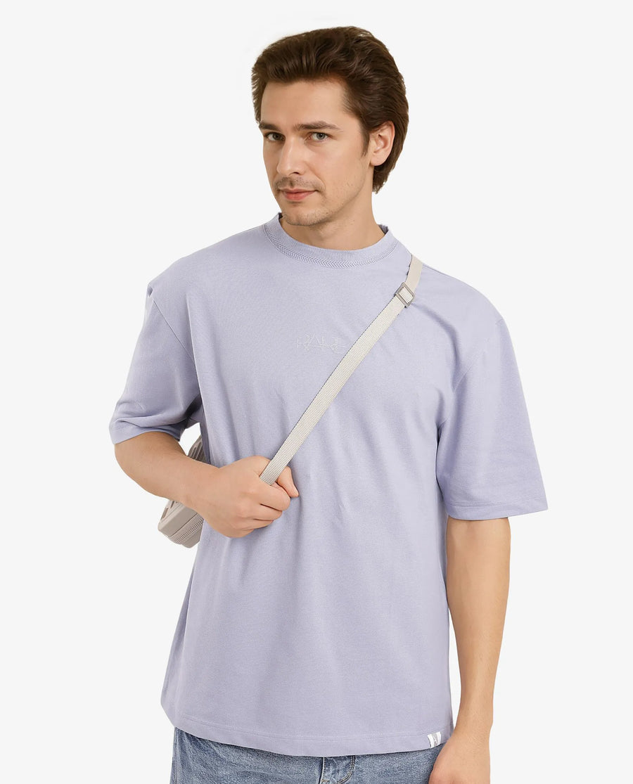 Rare Rabbit Men's Heros-1 Light Purple Cotton Plain Oversized Fit Half Sleeve Crew Neck T-Shirt