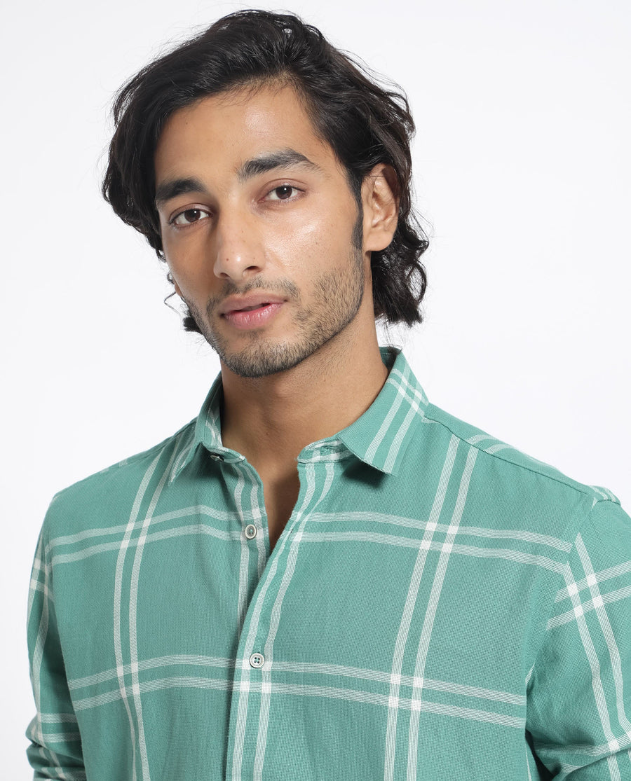Rare Rabbit Men's Solan Green Cotton Checked Print Regular Fit Full Sleeve Collared Shirt