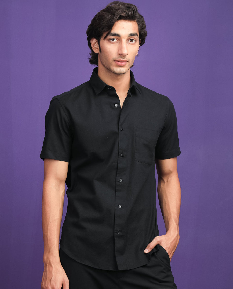 Rare Rabbit Men's Darwin - Black Cotton Plain Regular Fit Half Sleeve Collared Shirt