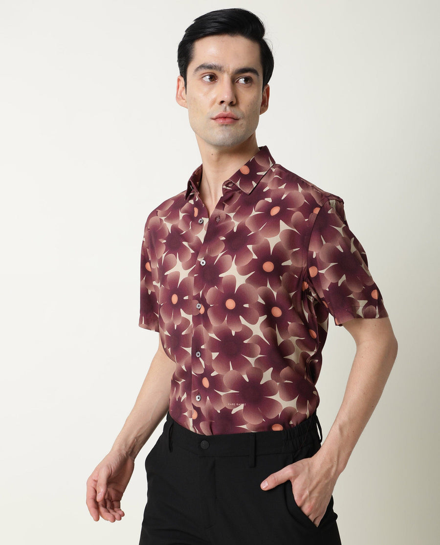 Rare Rabbit Men's Parles Brown Viscose Floral Print Regular Fit Half Sleeve Collared Shirt
