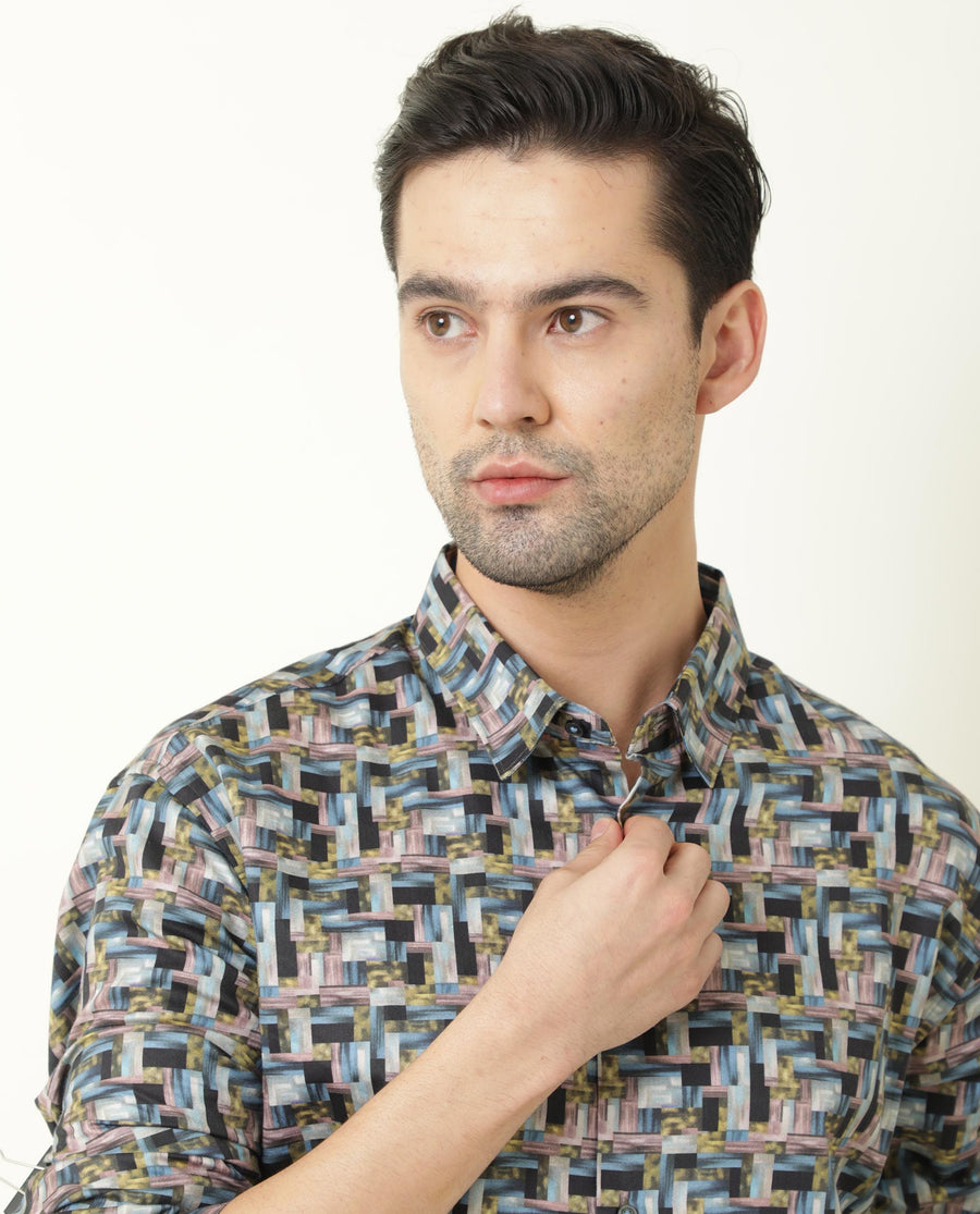 Rare Rabbit Men's Jigsawee Grey Cotton Geometric Print Regular Fit Full Sleeve Collared Shirt