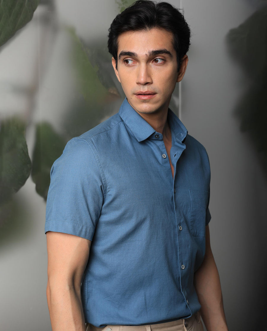 Rare Rabbit Men's Darwin - Blue Cotton Plain Regular Fit Half Sleeve Collared Shirt