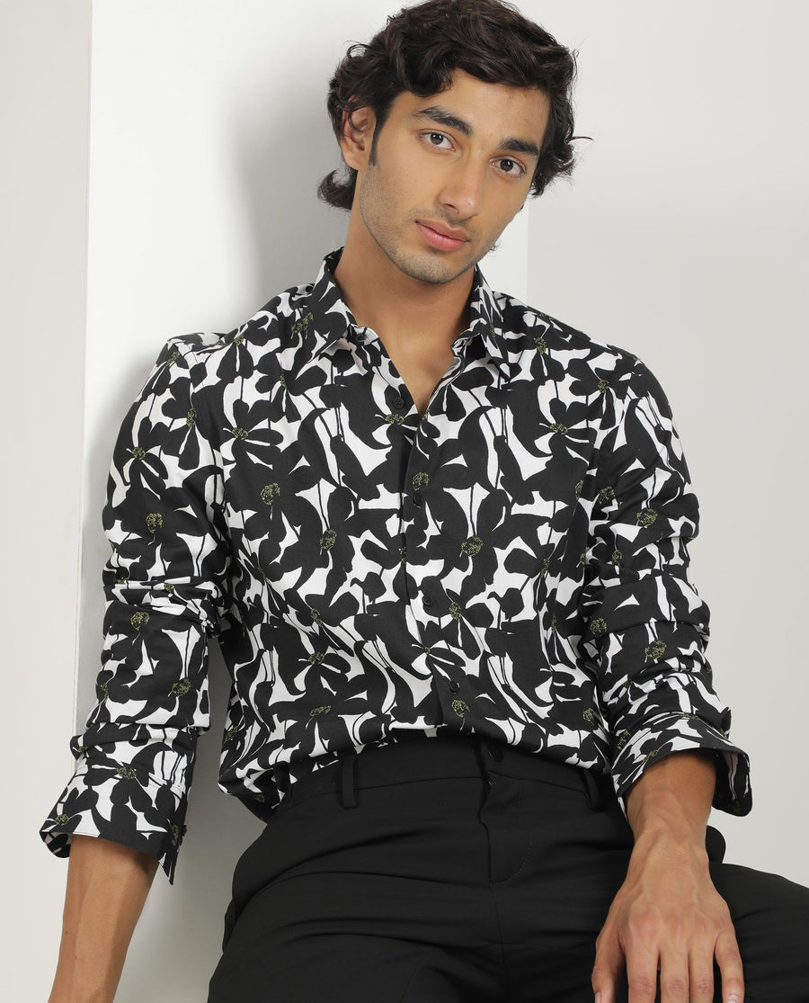 Rare Rabbit Men's Kruela Black Viscose Floral Print Regular Fit Full Sleeve Collared Shirt