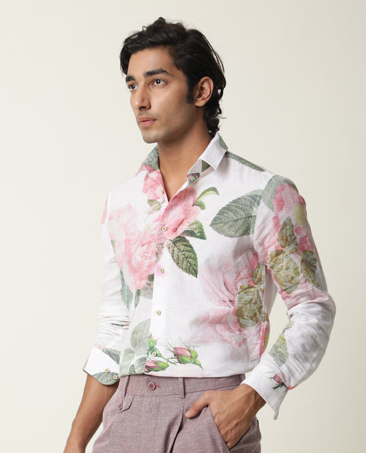 Rare Rabbit Men's Sloven White Cotton Floral Print Regular Fit Full Sleeve Collared Shirt