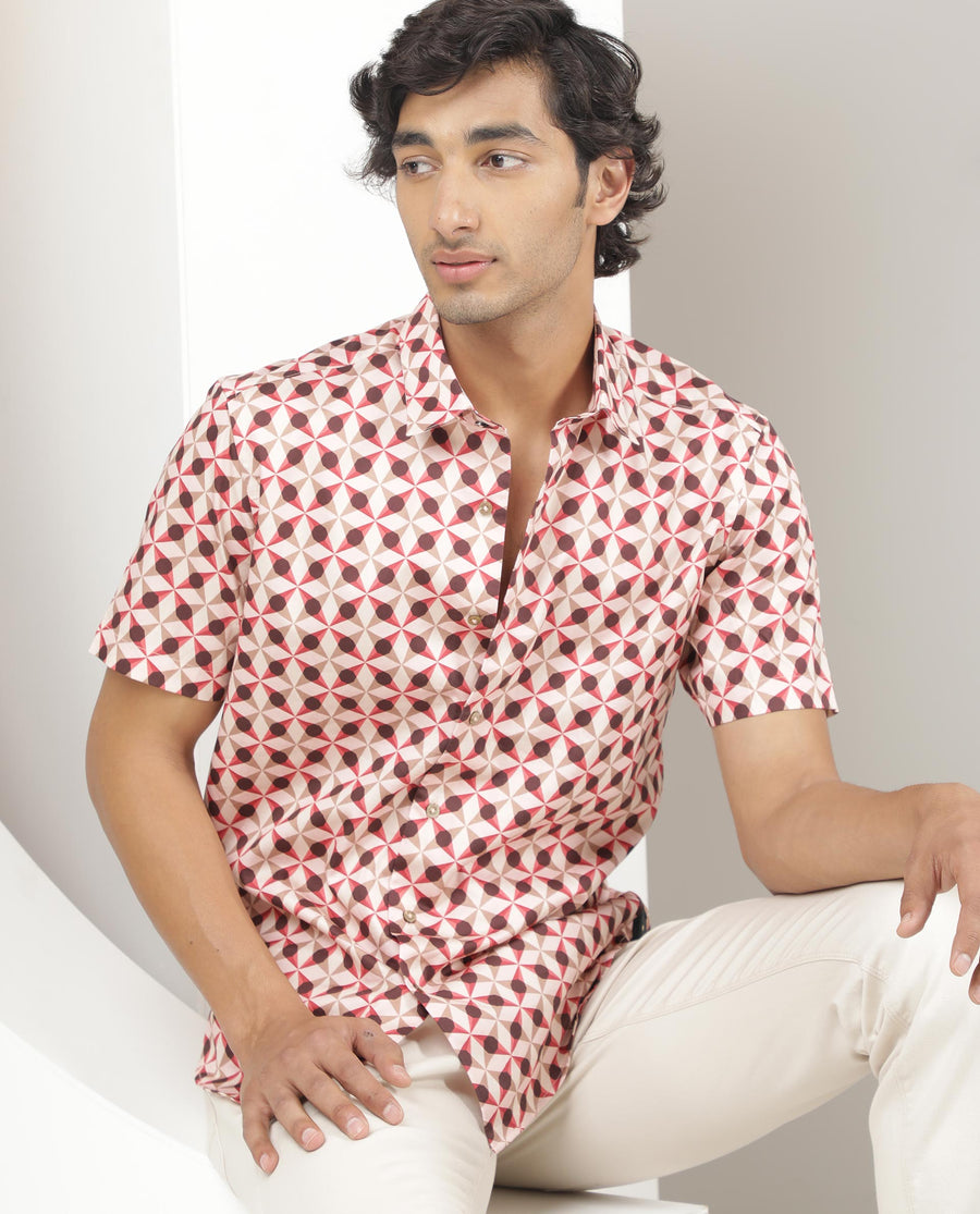 Rare Rabbit Men's Stanet Pink Cotton Geometric Print Regular Fit Half Sleeve Collared Shirt