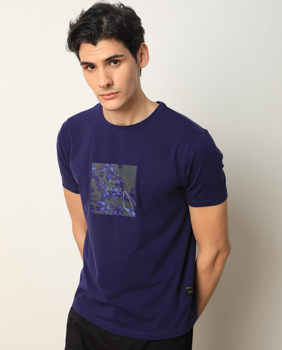 Rare Rabbit Men's Capri Purple Cotton Graphic Print Slim Fit Half Sleeve Crew Neck T-Shirt