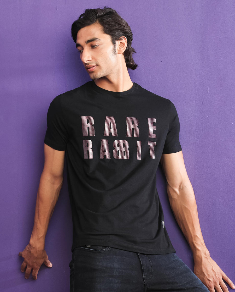 Rare Rabbit Men's Electricc Black Cotton Graphic Print Slim Fit Half Sleeve Crew Neck T-Shirt