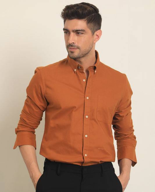 Rare Rabbit Men's Auxfo Rust Cotton Plain Regular Fit Full Sleeve Button-Down Collar Shirt