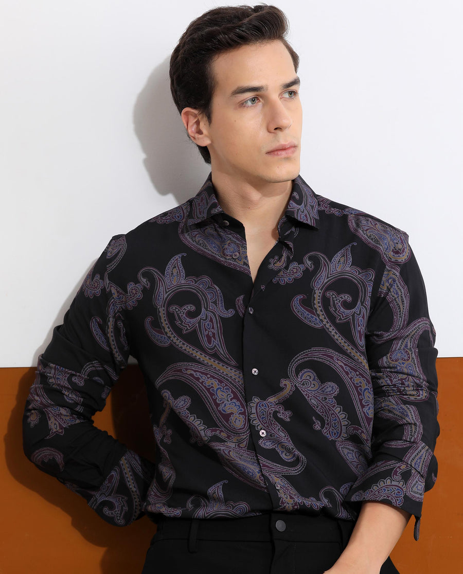 Rare Rabbit Men's Zeus Black Viscose Paisley Print Regular Fit Full Sleeve Collared Shirt