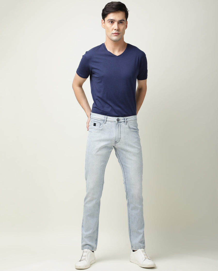 Rare Rabbit Men's Dallas Blue Cotton Plain Hawk Slim Fit Jeans