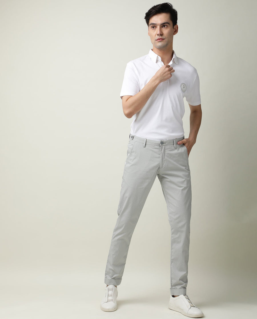 Rare Rabbit Men's Maxim Grey Cotton Polka Print Slim Fit Trouser