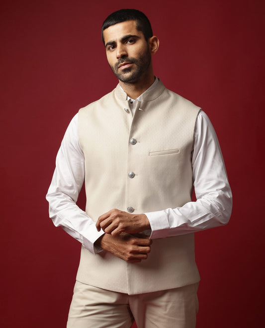 Rare Rabbit Men's Oakla Beige Polyester Jacquard Tailored Fit Sleeveless Mandarin Collar Bandhgala