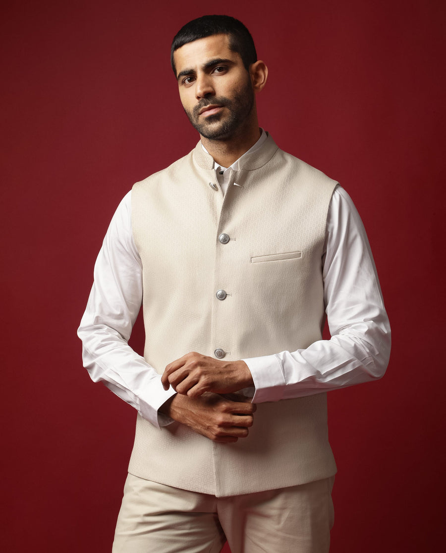 Rare Rabbit Men's Oakla Beige Polyester Jacquard Tailored Fit Sleeveless Mandarin Collar Bandhgala