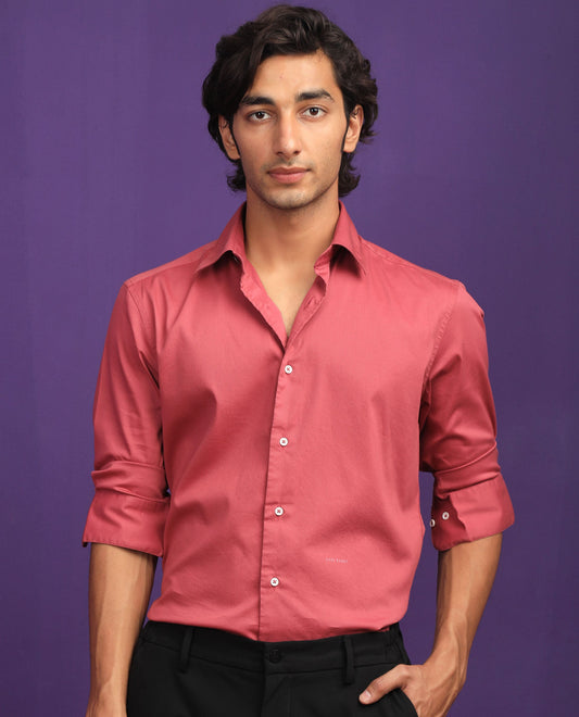 Rare Rabbit Men's Molde Dark Pink Cotton Plain Regular Fit Full Sleeve Collared Shirt