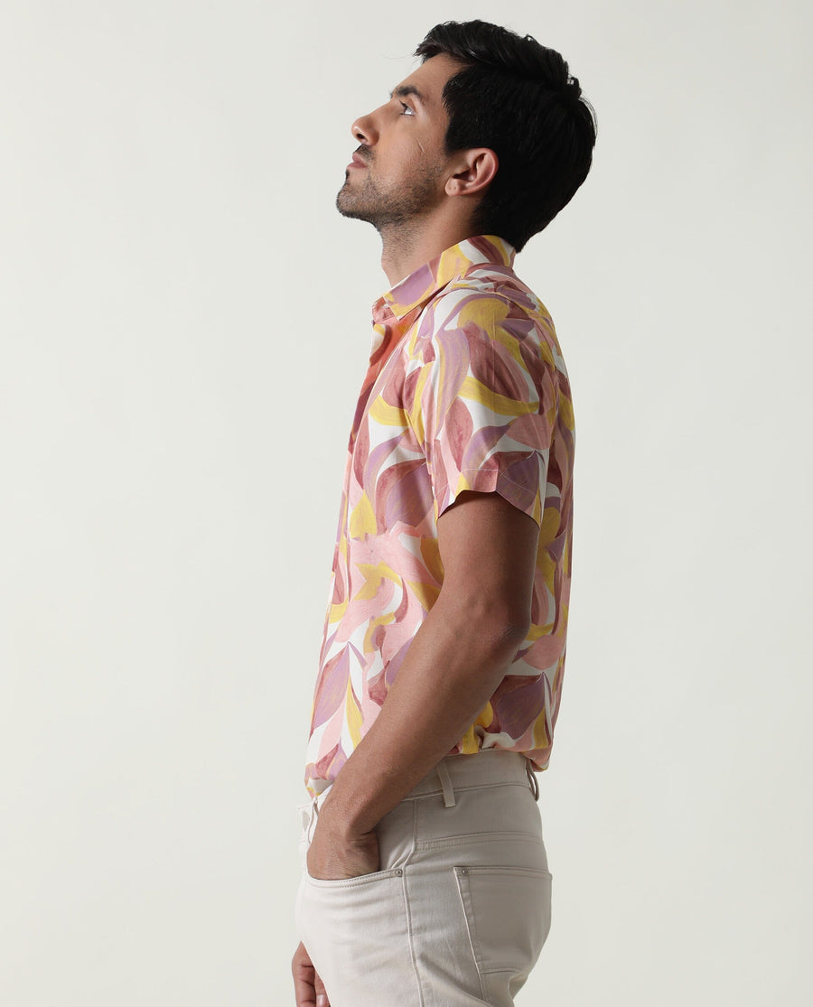 Rare Rabbit Men's Grafe Beige Viscose Tropical Print Regular Fit Half Sleeve Collared Shirt