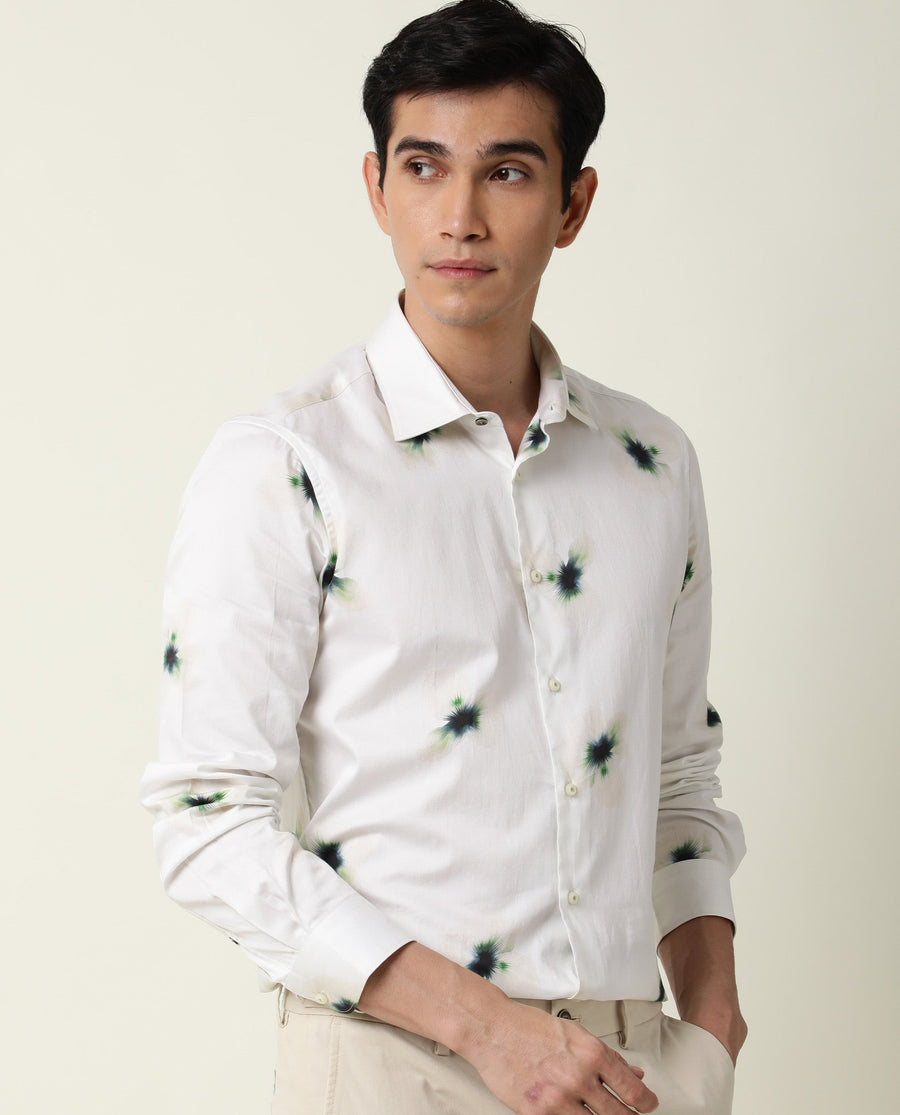Rare Rabbit Men's Laccoss Off White Cotton Floral Print Regular Fit Full Sleeve Collared Shirt