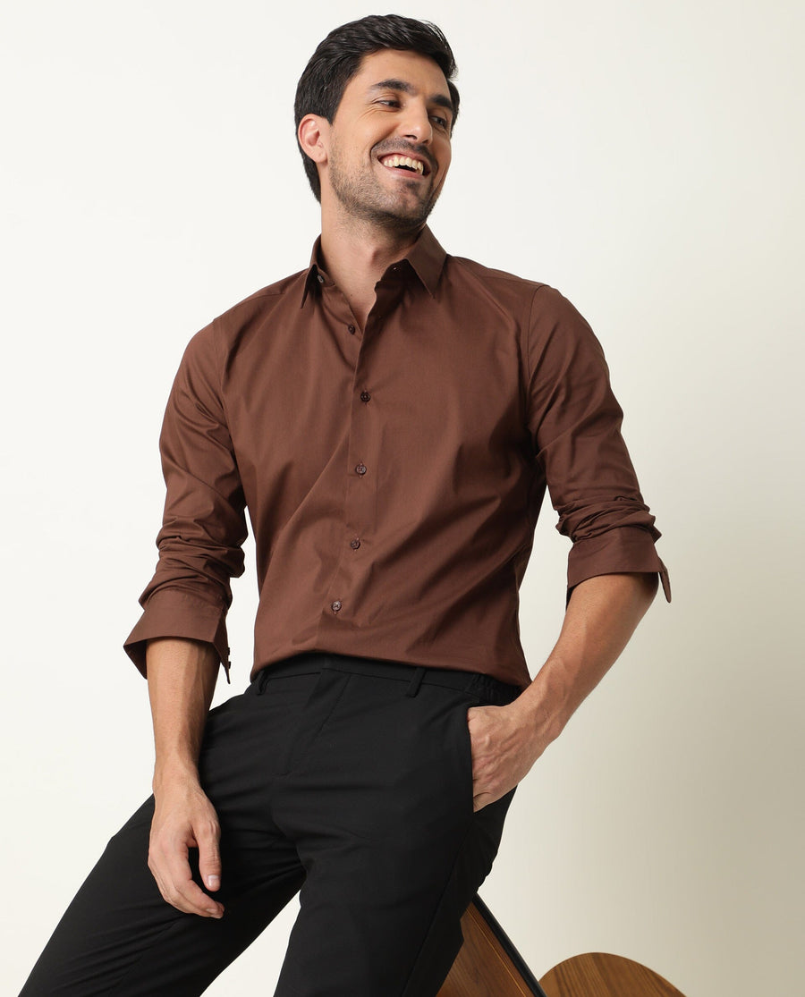 Rare Rabbit Men's Benedict Brown Cotton Plain Regular Fit Full Sleeve Collared Shirt
