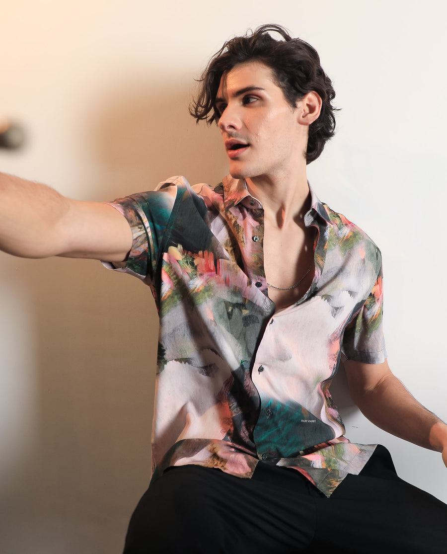 Rare Rabbit Men's Painter Green Viscose Abstract Print Regular Fit Half Sleeve Collared Shirt