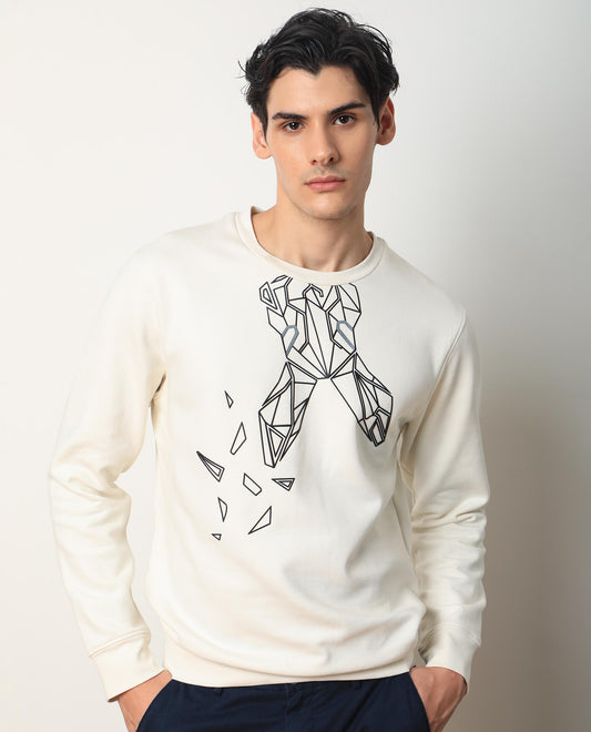 Rare Rabbit Men's Oakk White Graphic Print Regular Fit Full Sleeve Crew Neck Sweatshirt
