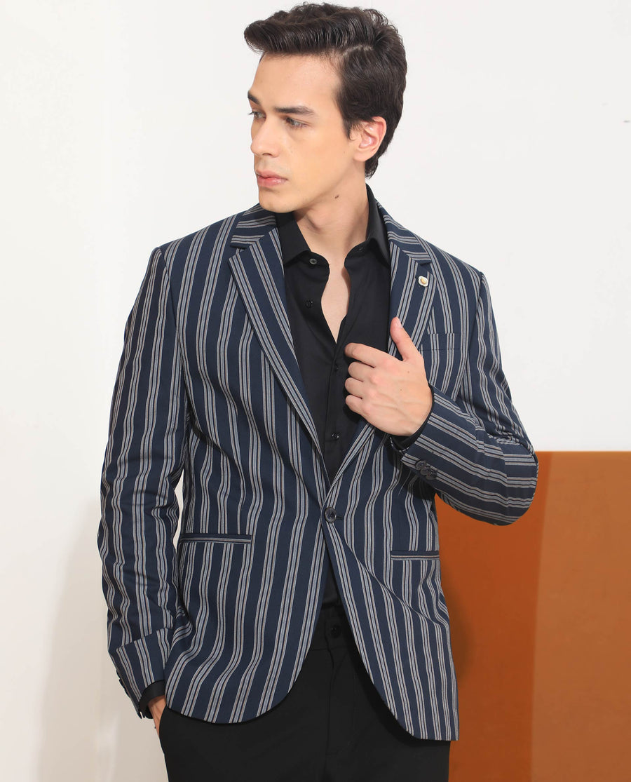 Rare Rabbit Men's Kano Navy Cotton Striped Print Tailored Fit Full Sleeve Lapel Neck Blazer